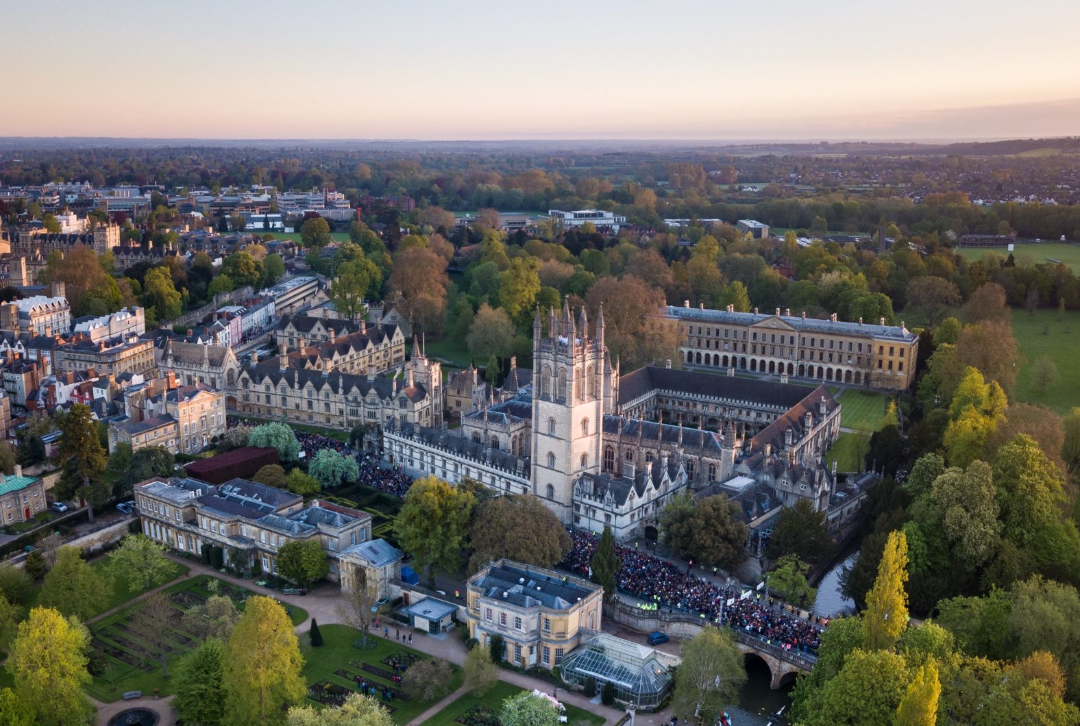 Magdalen College from above on May morning in Oxford
