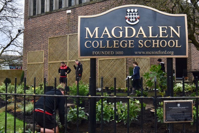 Magdalen College School sign with garden next to Big School building