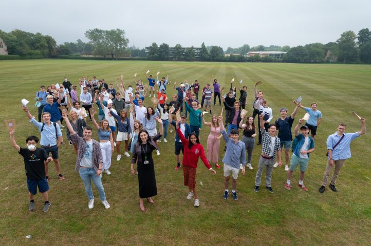Magdalen College School pupils celebrating A-level results 2020 with the Master Helen Pike